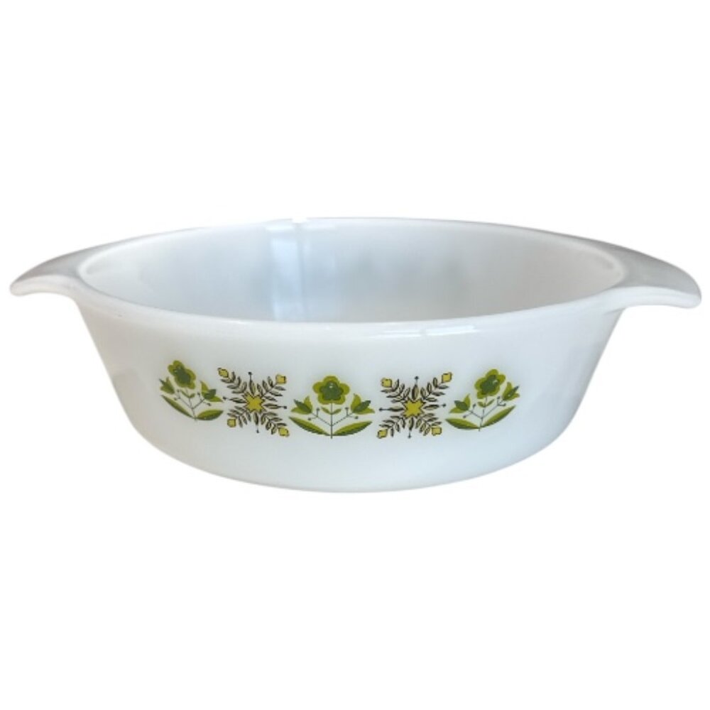Vintage 70's Anchor Hocking Fire King Meadow Green Pattern 1 Quart Round Dish